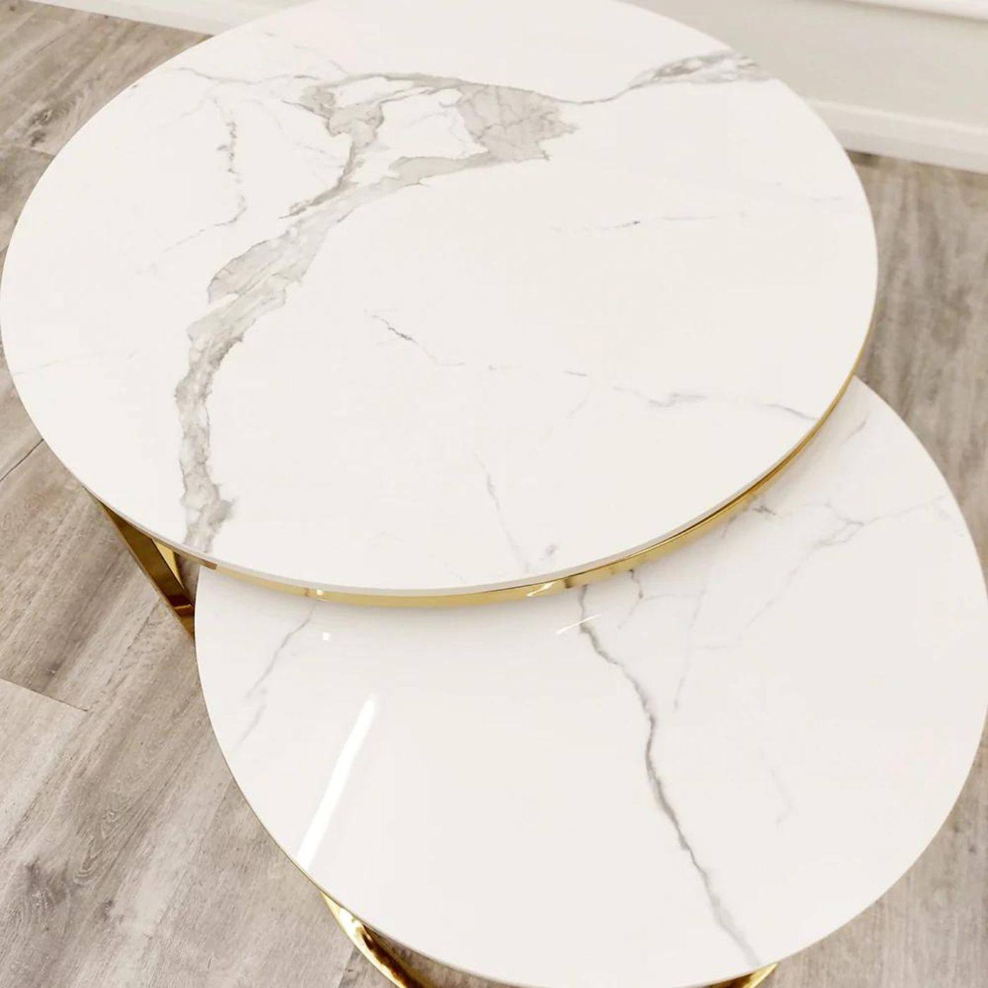 Cato Nest of 2 Short Round Gold Coffee Tables with White Stone Tops - UK Online Furniture
