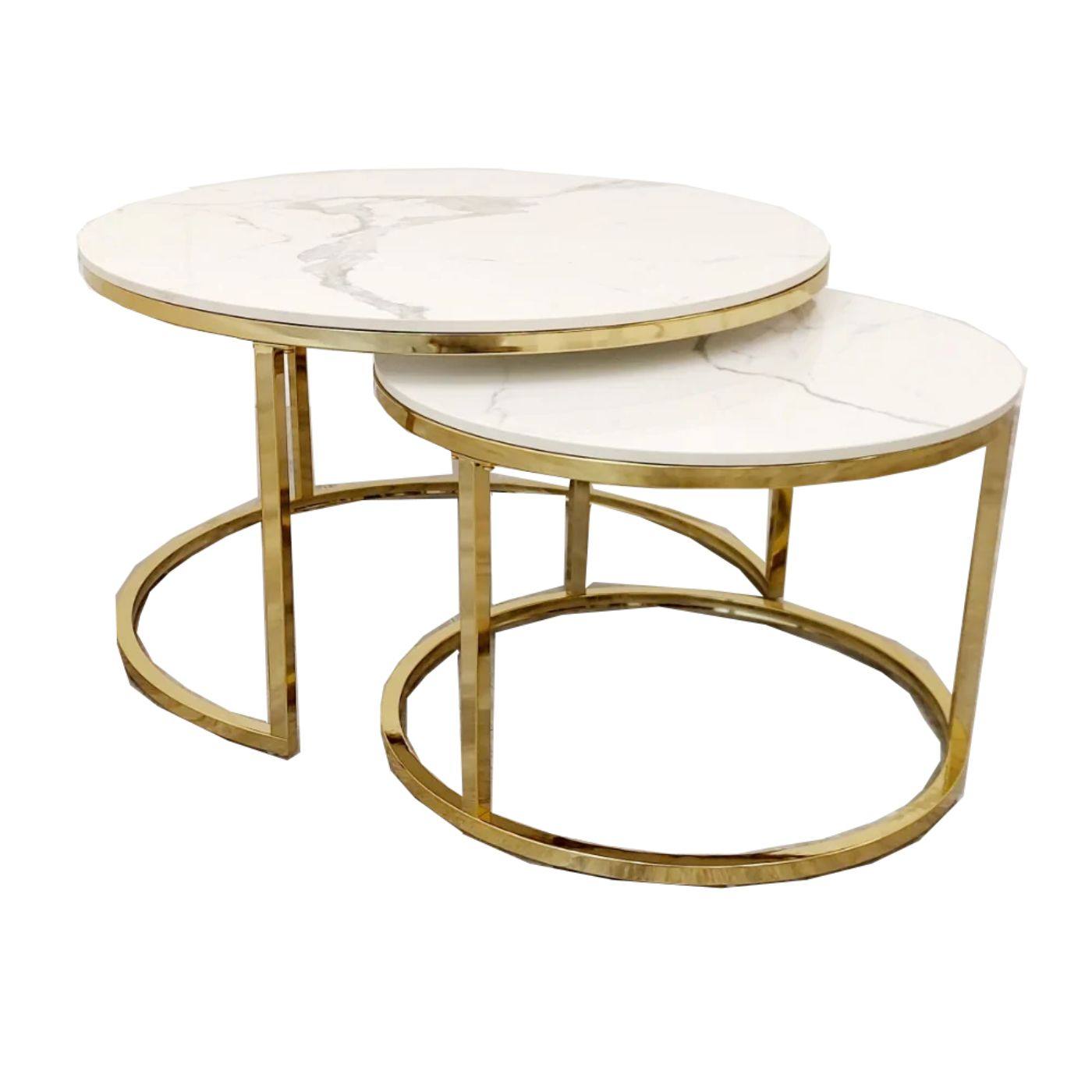 Cato Nest of 2 Short Round Gold Coffee Tables with White Stone Tops - UK Online Furniture