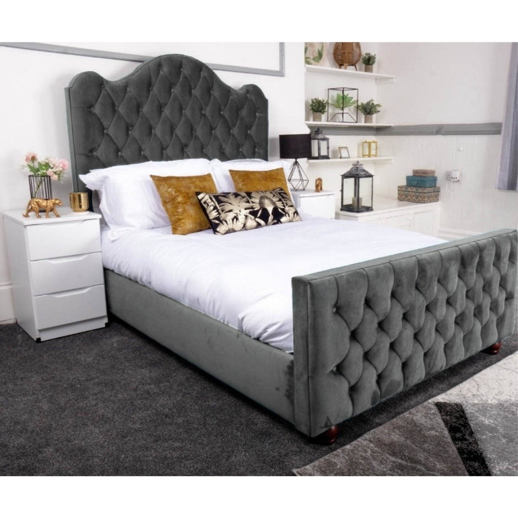 Kashmir Bed - Velvet Fabric Bed Frame - 5 Sizes -13 Colours - UK Online Furniture