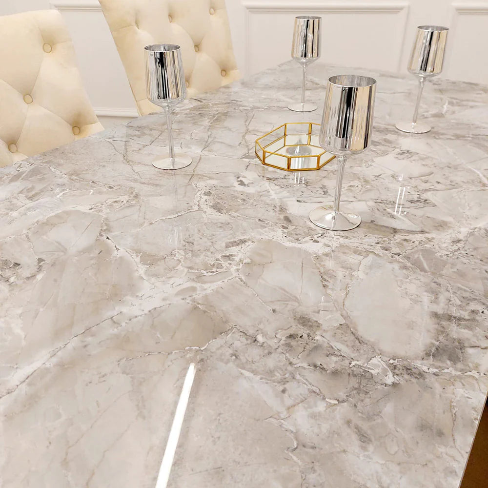 Louis Gold Marble Dining Table with 4 Bentley Lion Knocker Velvet Chairs - UK Online Furniture