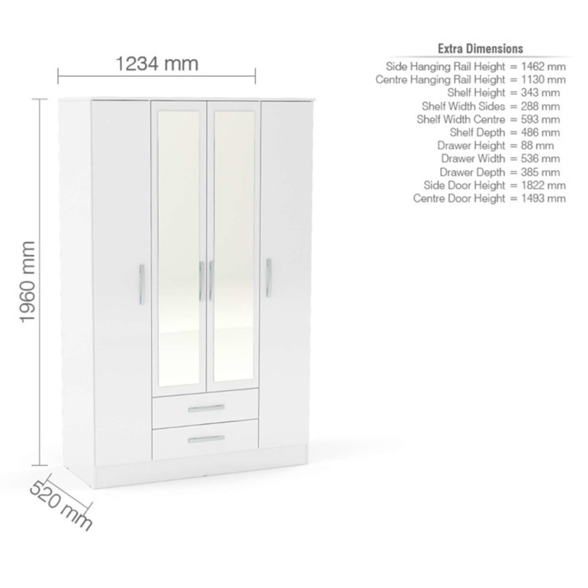 Lynx 4 Door Mirrored Wardrobe in White - UK Online Furniture