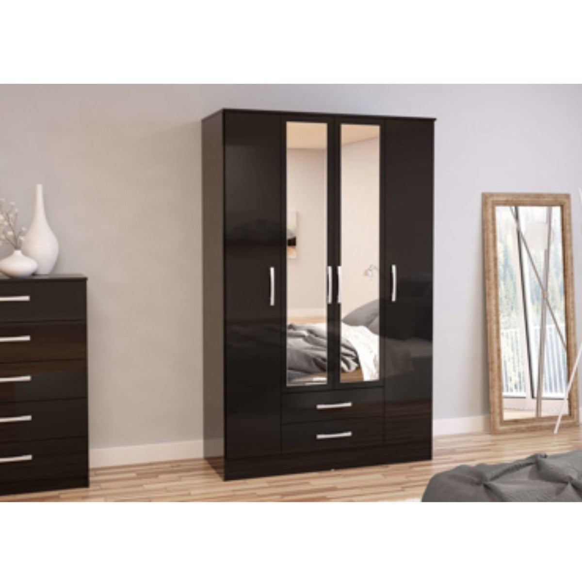 Lynx 4 Door Mirrored Wardrobe in Black - UK Online Furniture