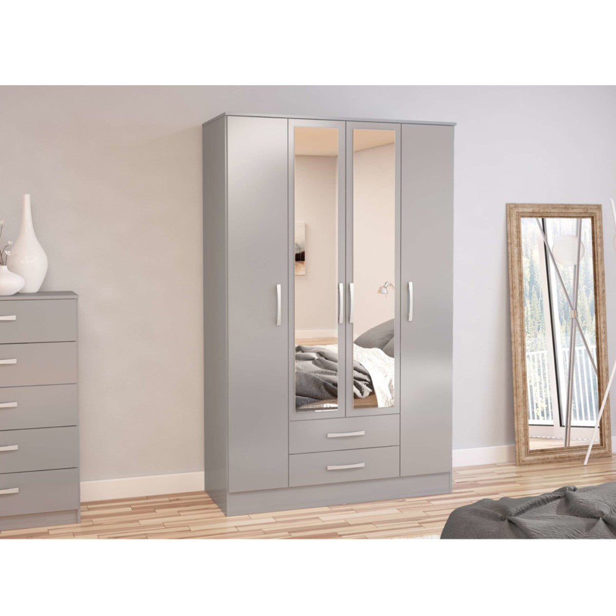Lynx 4 Door Mirrored Wardrobe in Grey - UK Online Furniture