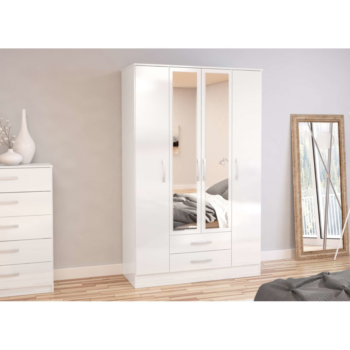 Lynx 4 Door Mirrored Wardrobe in White - UK Online Furniture