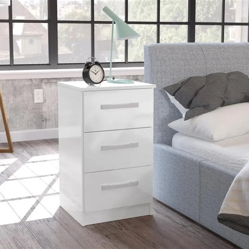 High-Gloss Lynx 3 Drawer Bedside in Grey, Black, White, Brown, Silver
