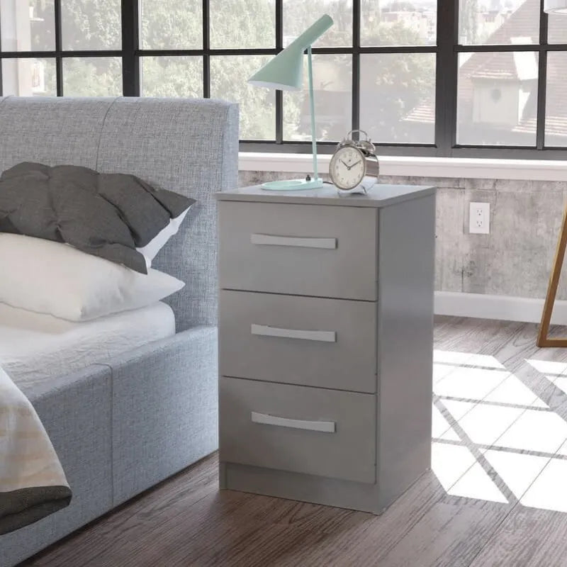 High-Gloss Lynx 3 Drawer Bedside in Grey, Black, White, Brown, Silver