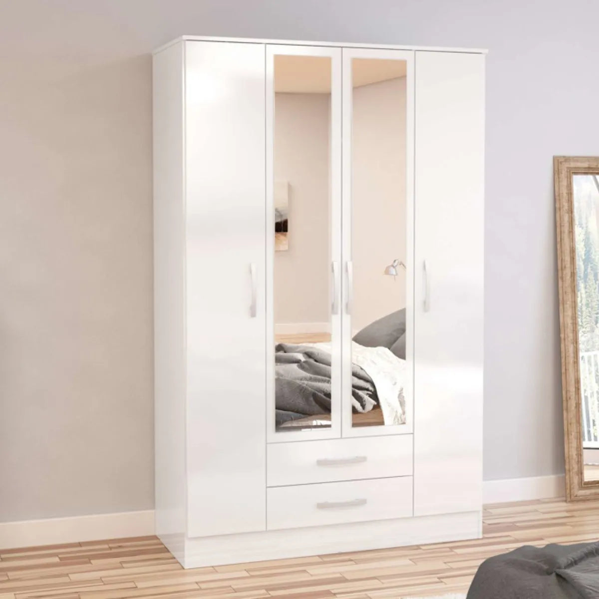 Lynx 4 Door Mirrored Wardrobe in White