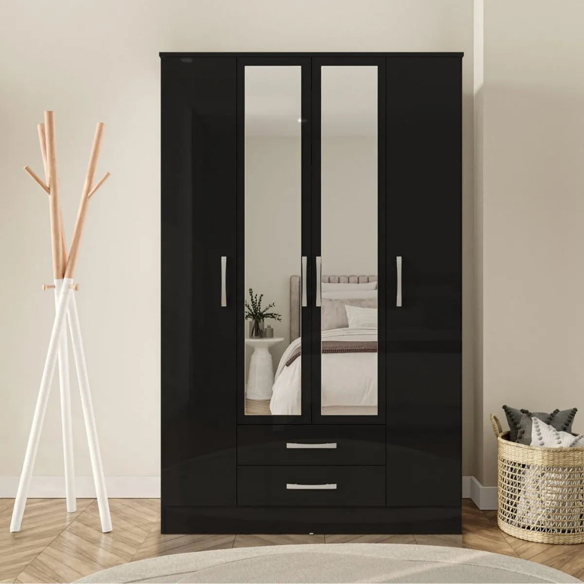 Lynx 4 Door Mirrored Wardrobe in Black