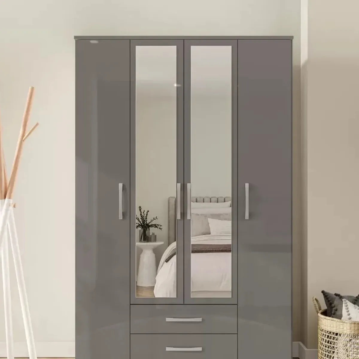 Lynx 4 Door Mirrored Wardrobe in Grey