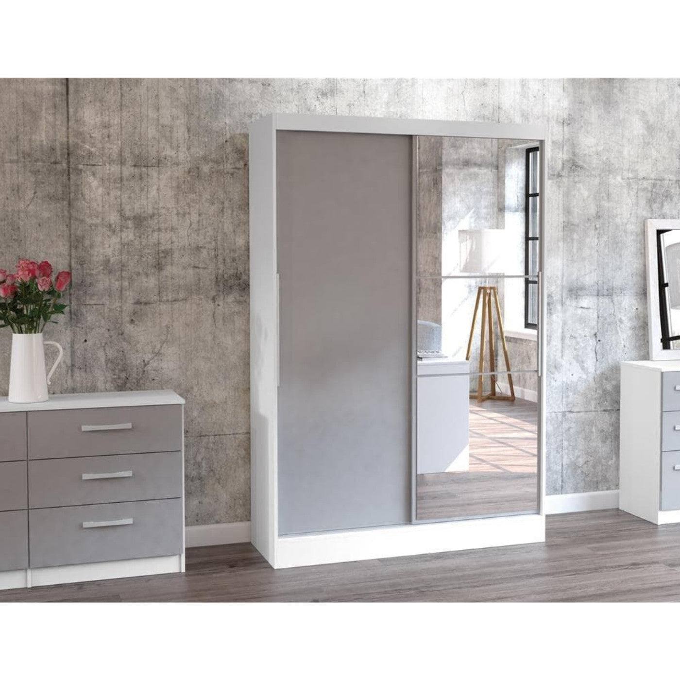 Lynx 2 Door Sliding Mirrored Wardrobe in White - UK Online Furniture