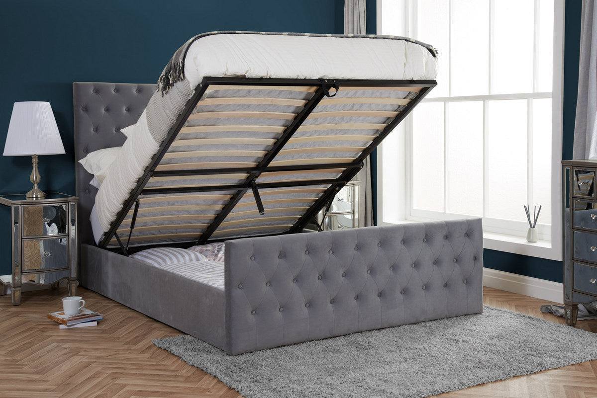 Marquis Grey Velvet Fabric Ottoman Storage Bed - UK Online Furniture