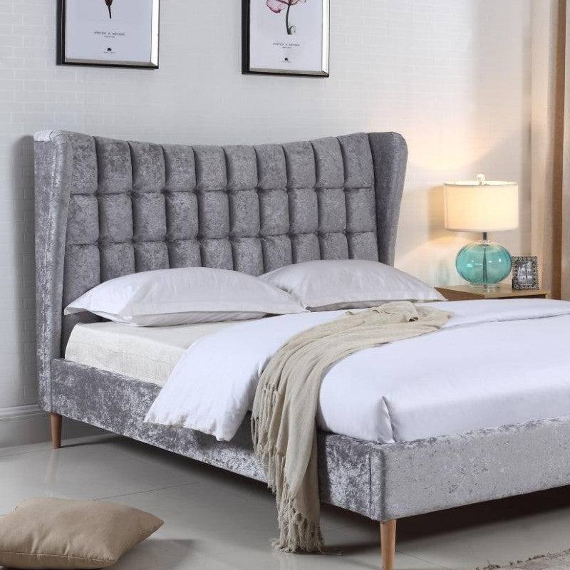 Mahala Crushed Velvet Fabric Bed - Double, King Size - Grey - UK Online Furniture