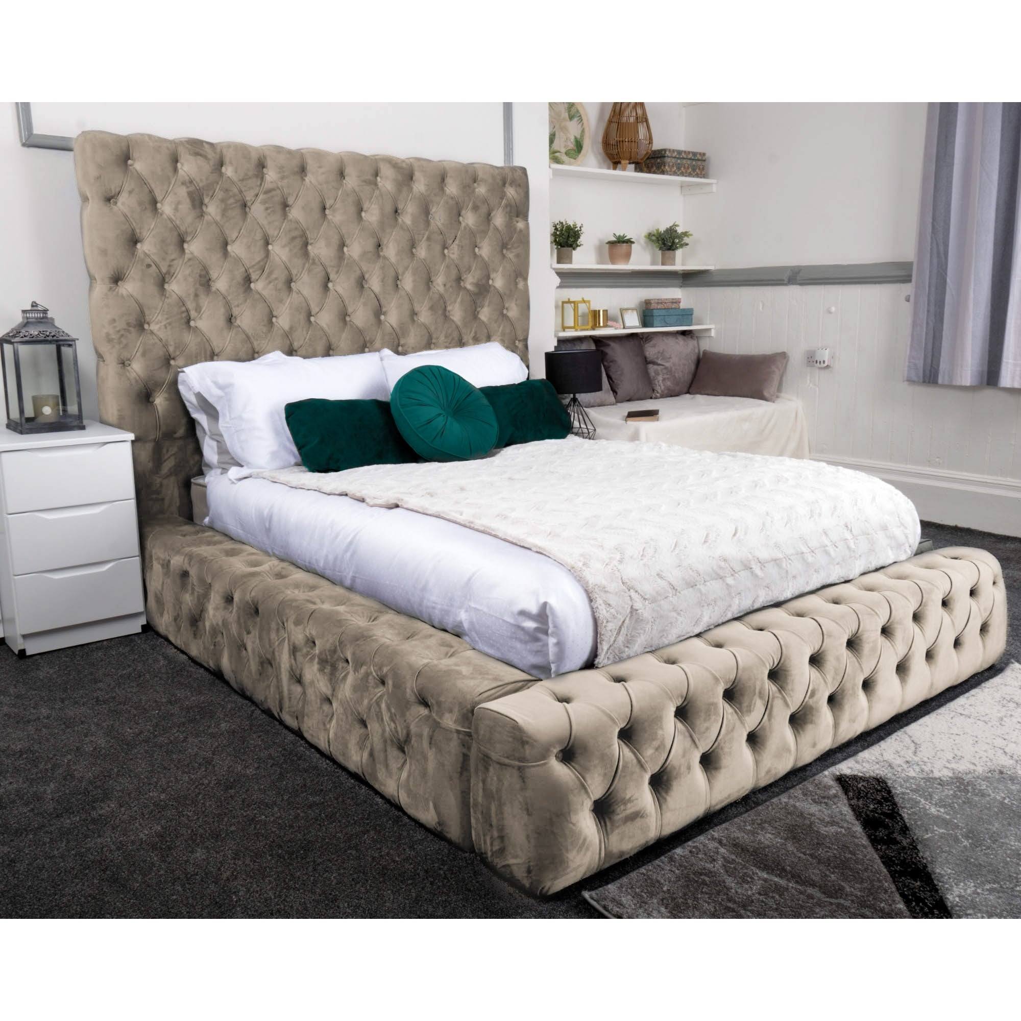 Ambassador Bed - Velvet Fabric Bed Frame - 4 Sizes -13 Colours - UK Online Furniture