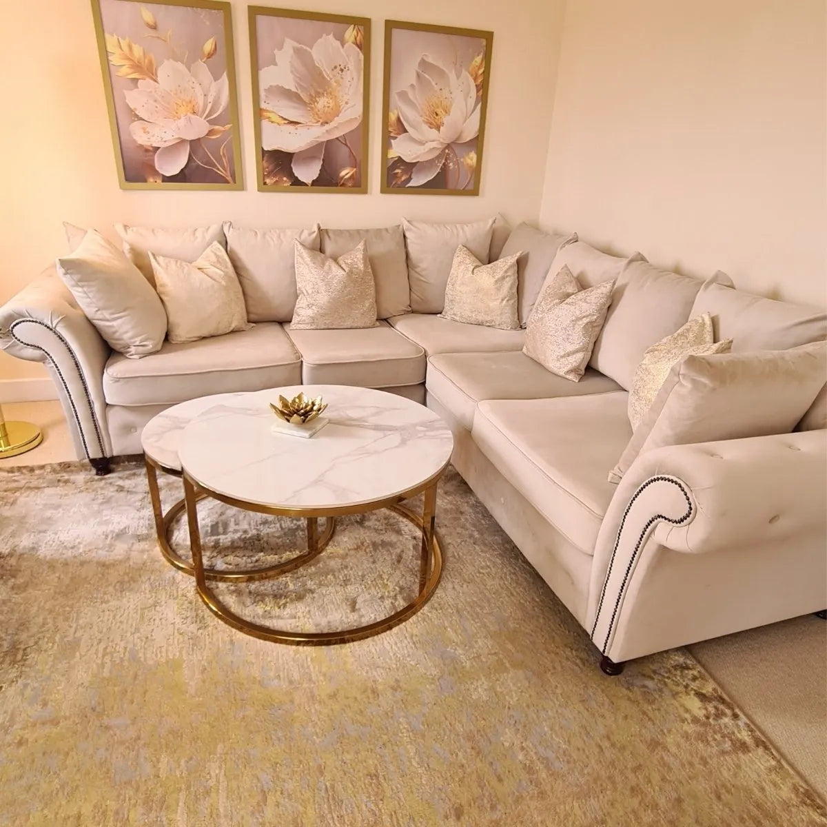 Oakland Scatter Back Velvet Corner Sofa in Beige or Grey Velvet