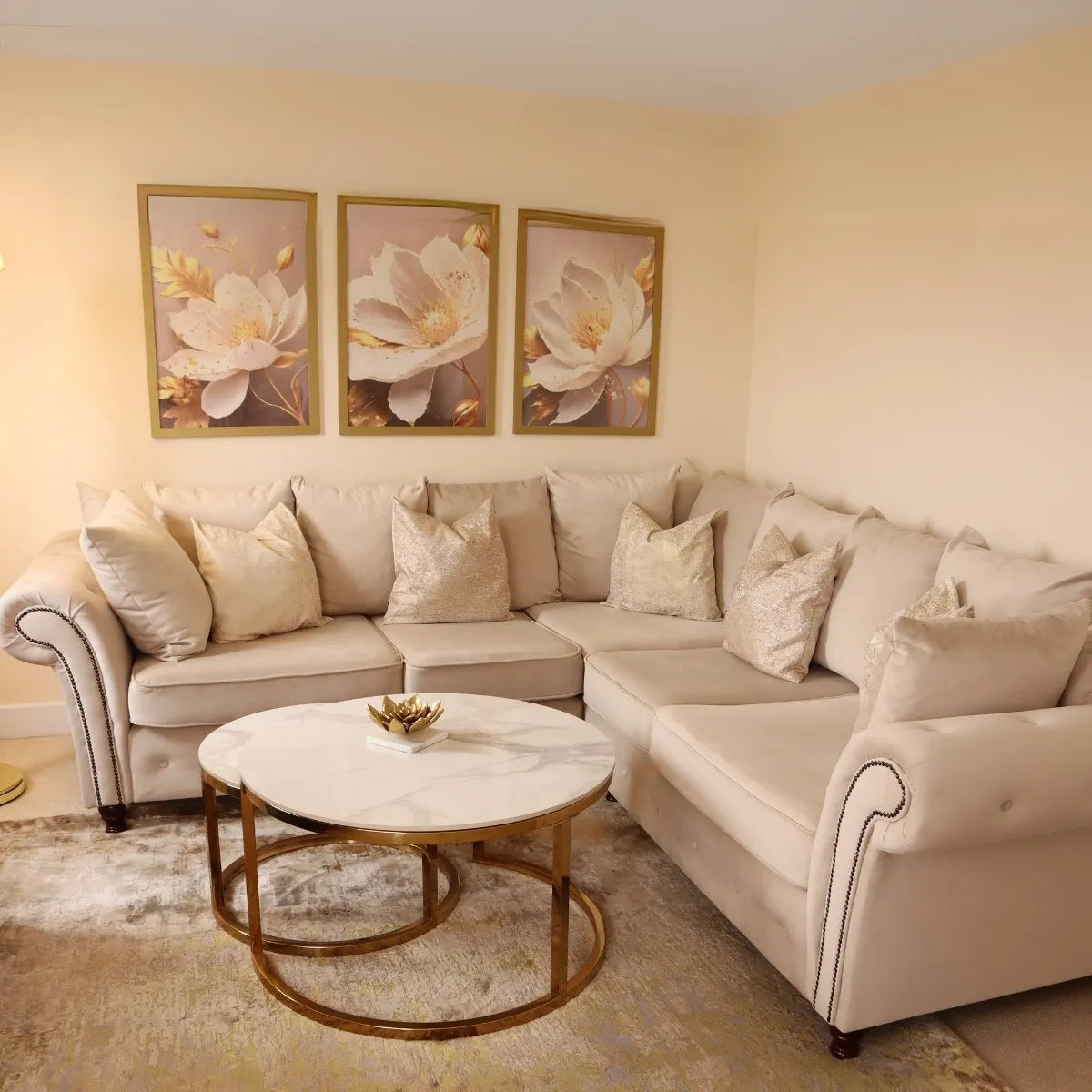 Oakland Scatter Back Velvet Corner Sofa in Beige or Grey Velvet