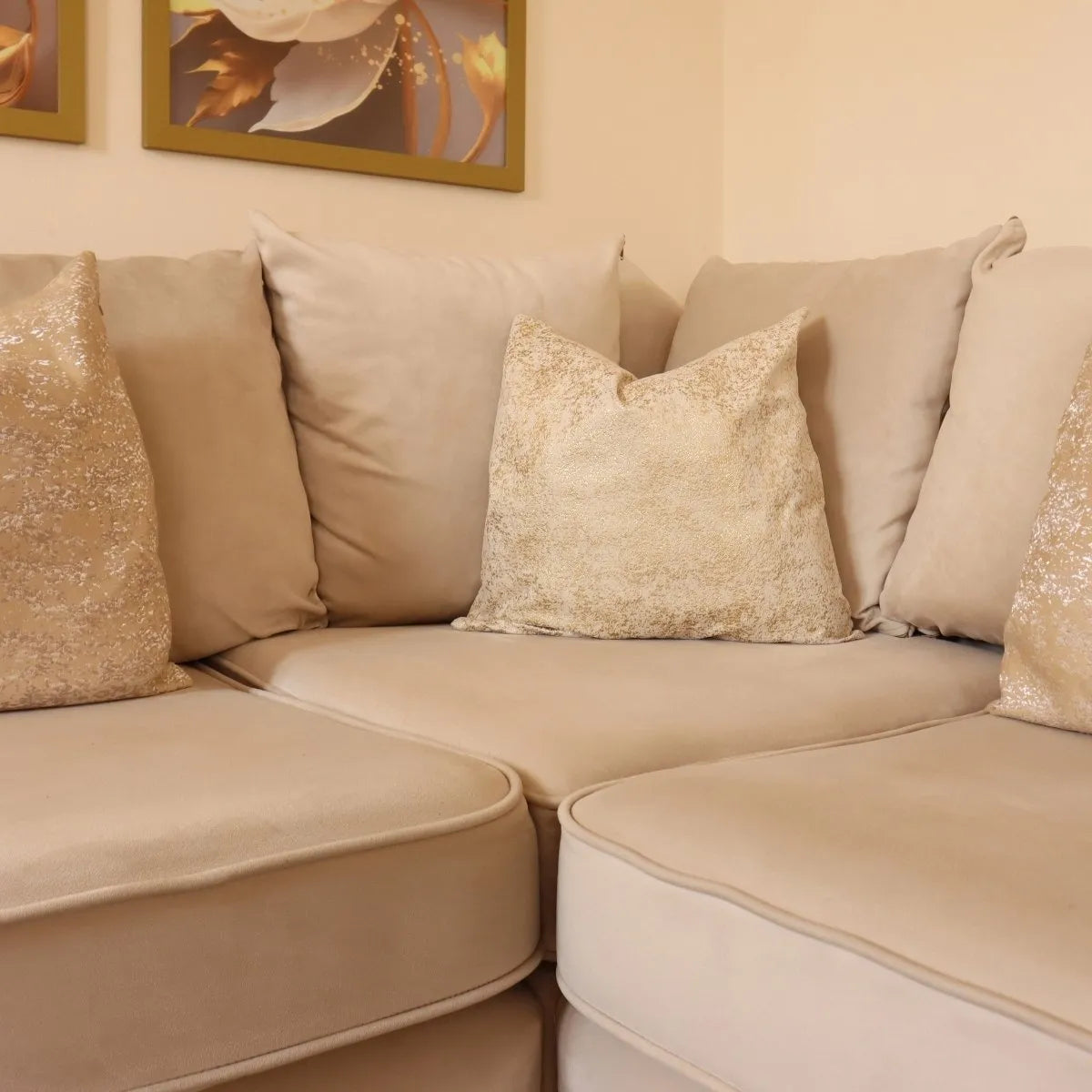 Oakland Scatter Back Velvet Corner Sofa in Beige or Grey Velvet