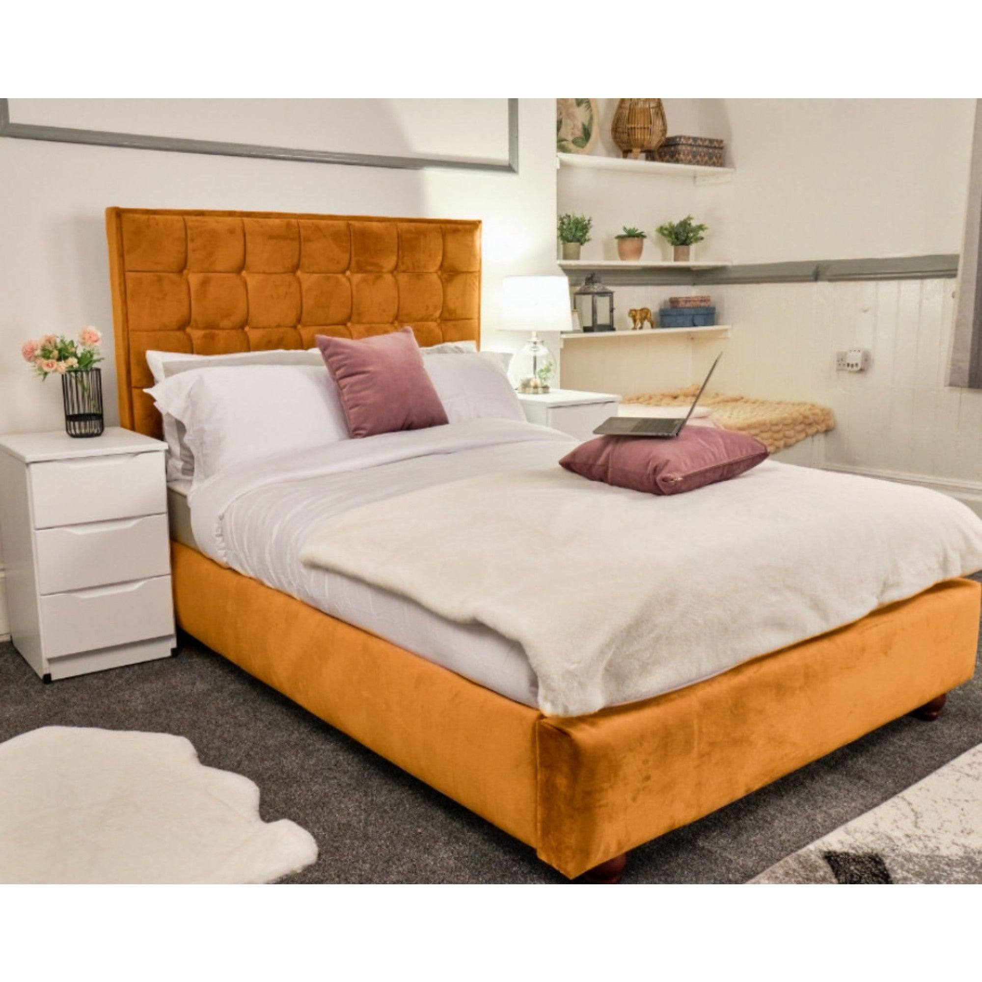 Prague Bed - Velvet Fabric Bed Frame - 5 Sizes -13 Colours - UK Online Furniture