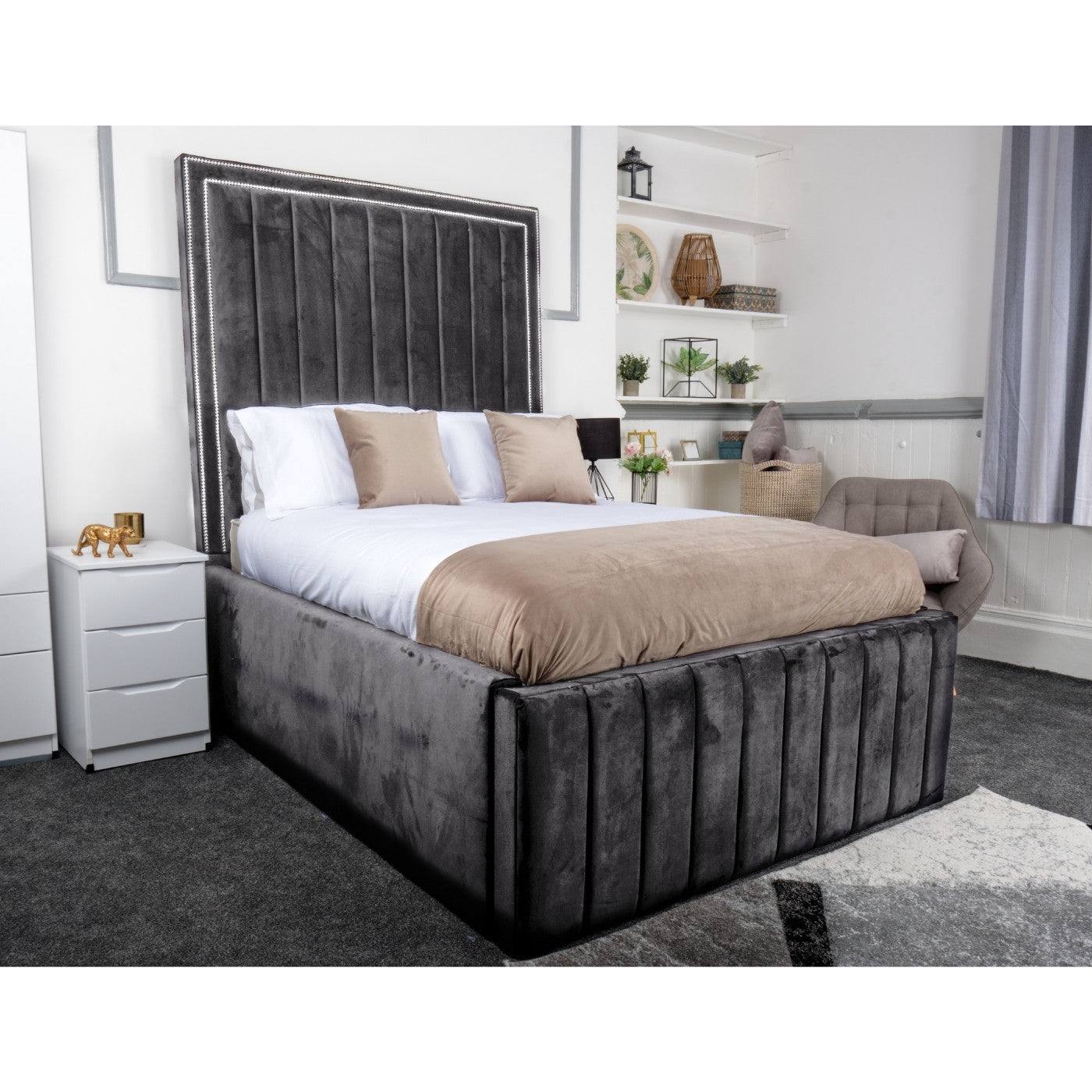 Oslo Bed - Velvet Fabric Ottoman Bed Black, Grey, Blue - UK Online Furniture