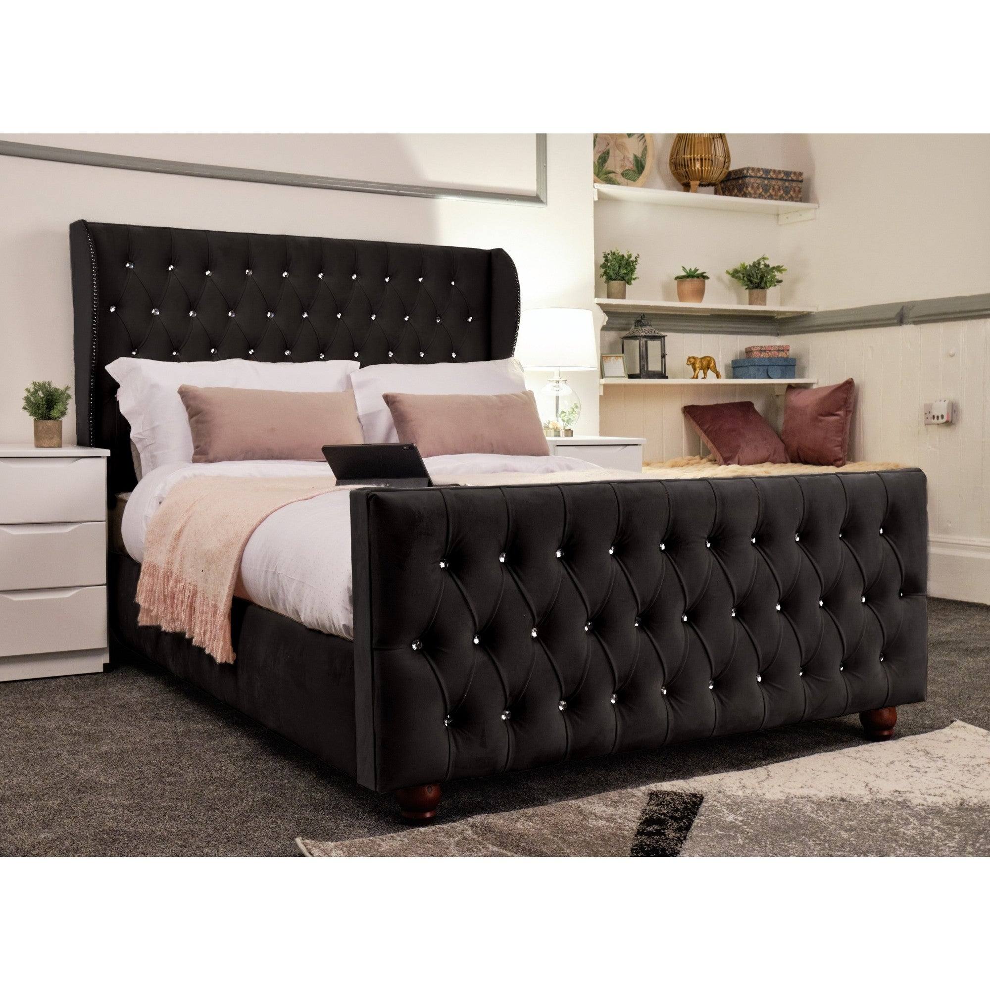 Venice Bed - Velvet Bed with Winged Headboard and Diamond Tufting - UK Online Furniture