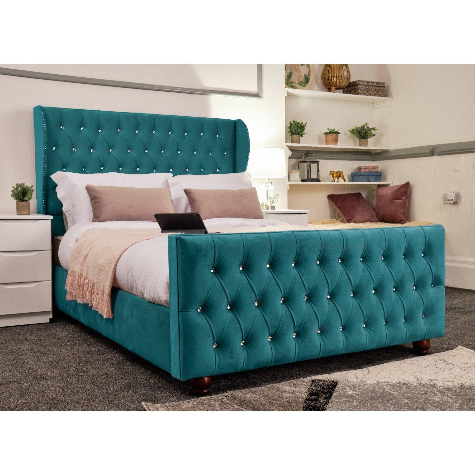 Venice Bed - Velvet Bed with Winged Headboard and Diamond Tufting - UK Online Furniture