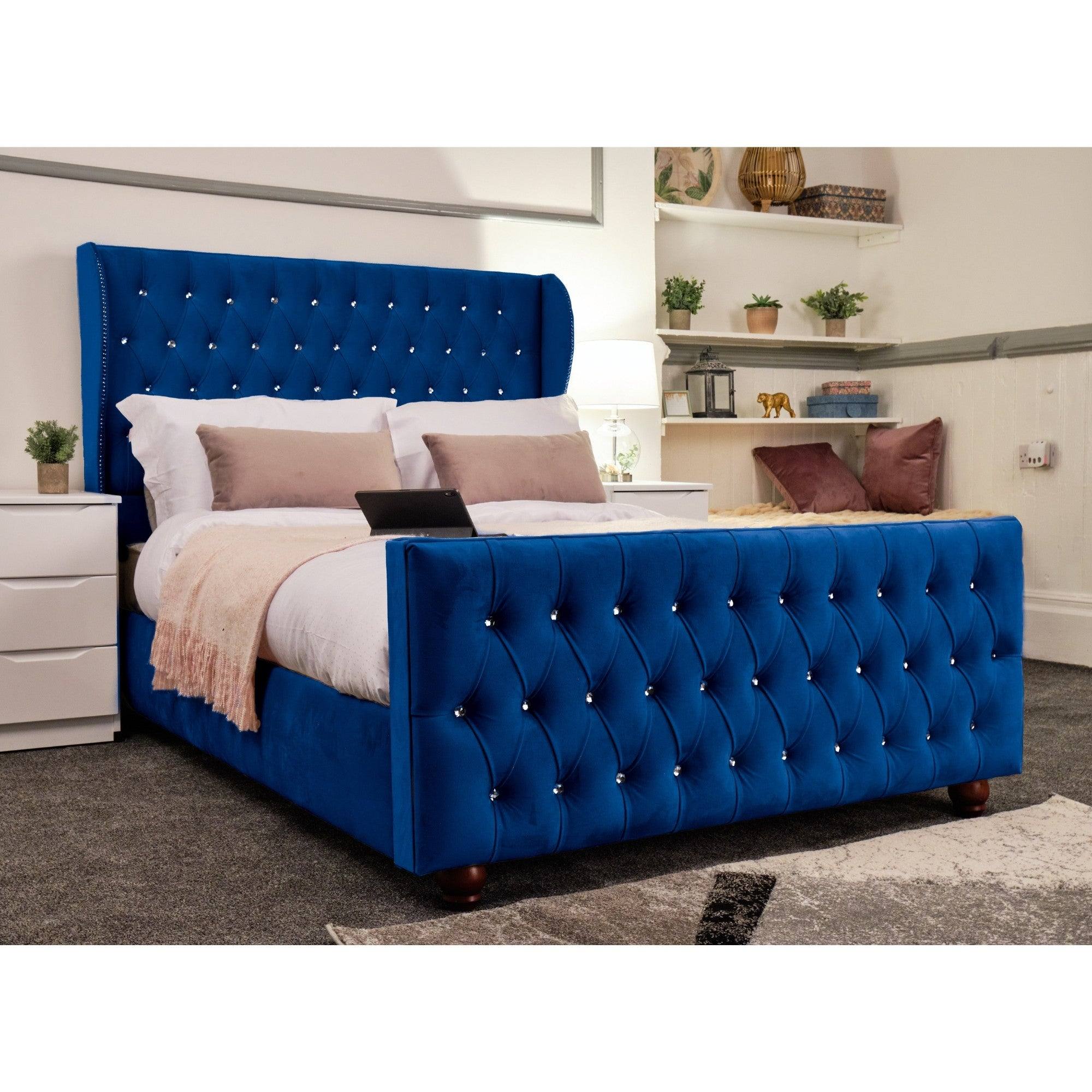 Venice Bed - Velvet Bed with Winged Headboard and Diamond Tufting - UK Online Furniture