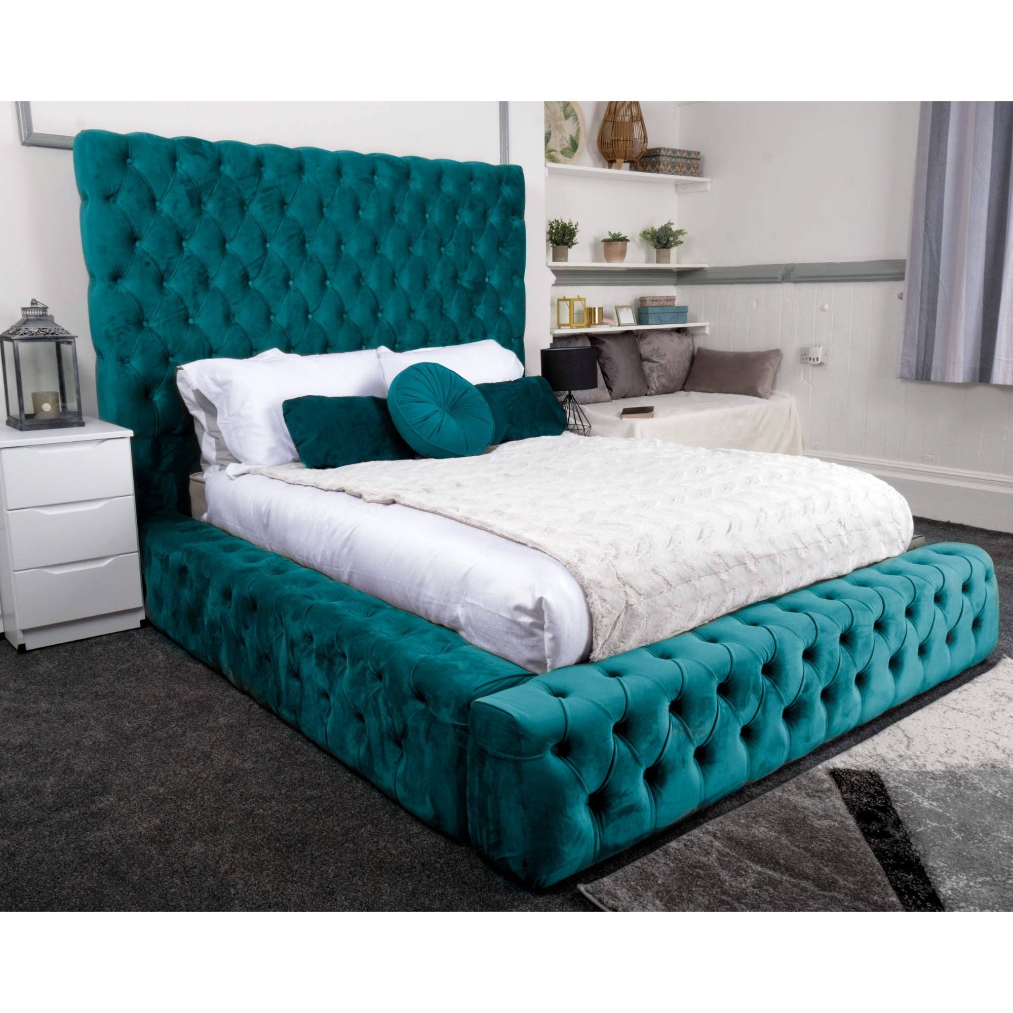 Ambassador Bed - Velvet Fabric Bed Frame - 4 Sizes -13 Colours - UK Online Furniture