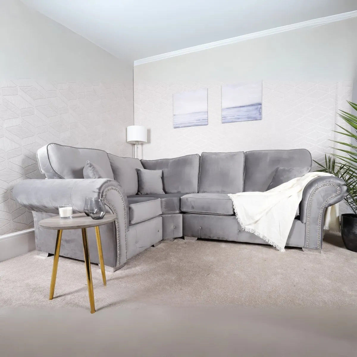 Oakland Full Back Velvet Corner Sofa in Grey Velvet