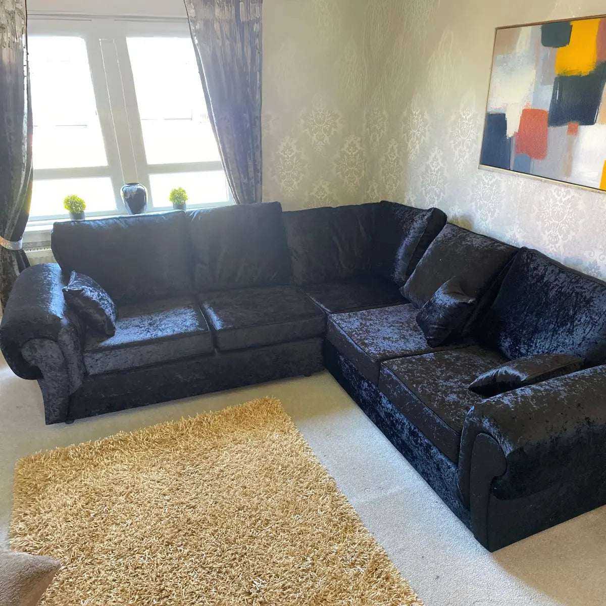 Tangent Corner Sofa in Black or Silver Crushed Velvet