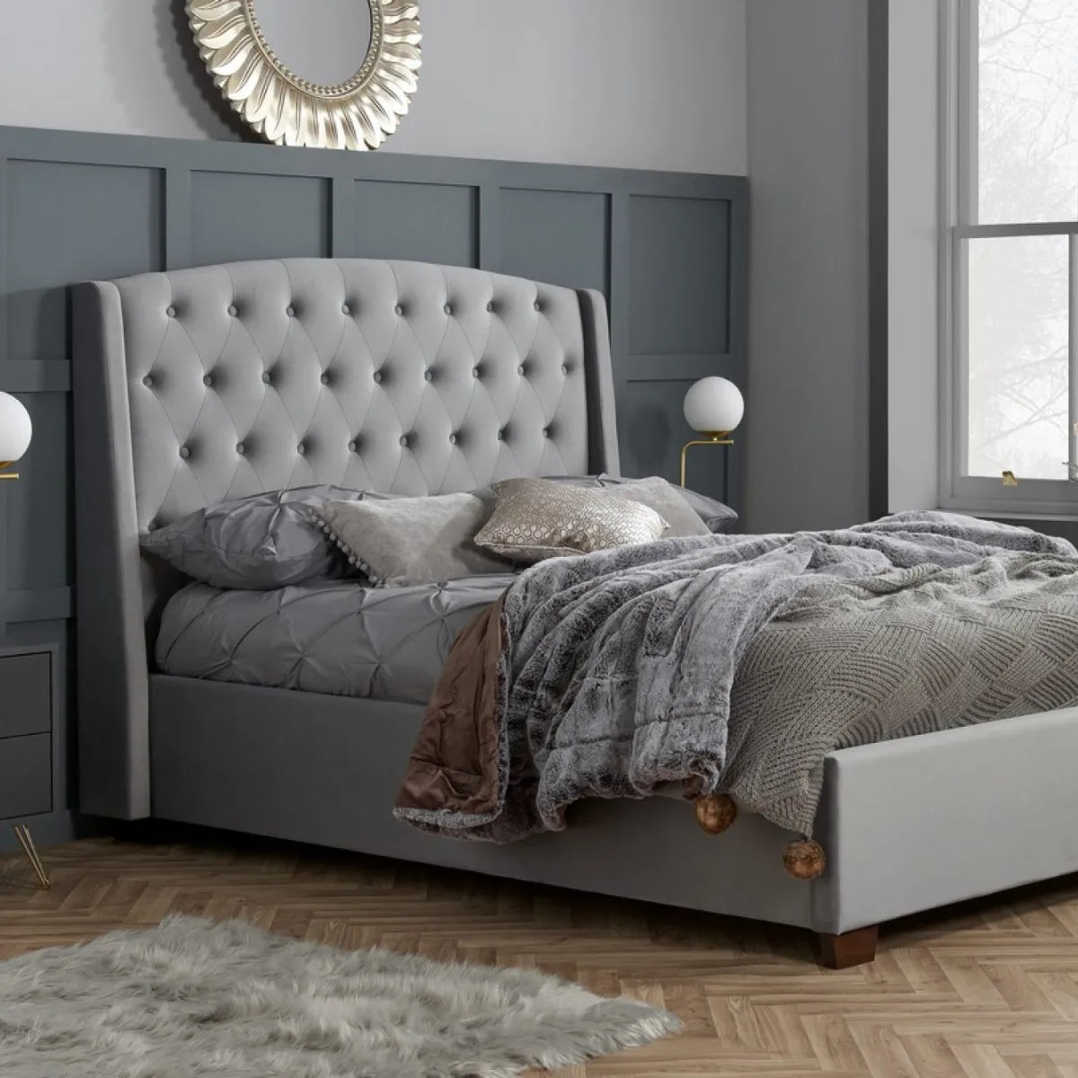 Balmoral Bed in Grey Velvet Fabric - Double, King, Super King