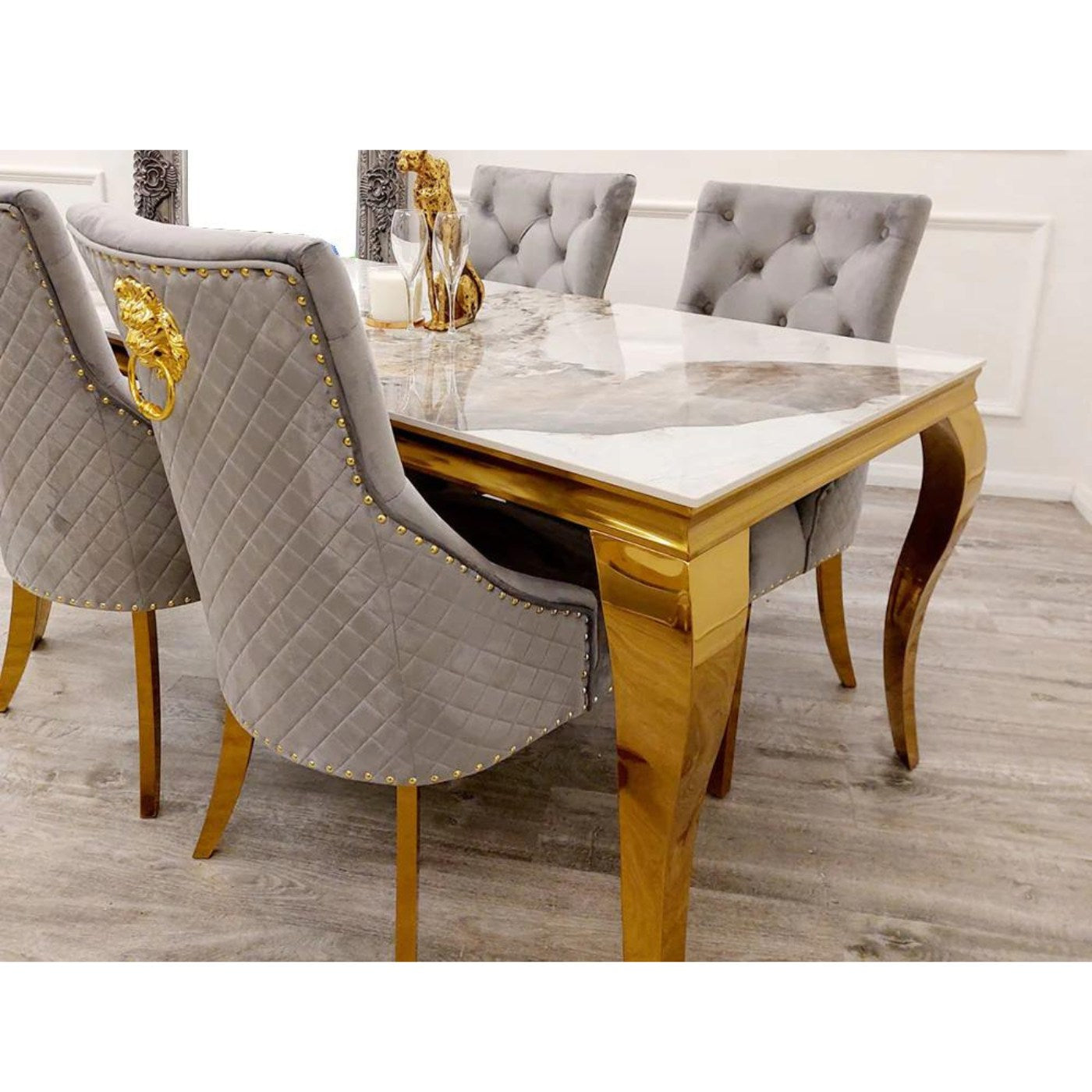Louis Gold Marble Dining Table with 4 Bentley Lion Knocker Velvet Chairs - UK Online Furniture