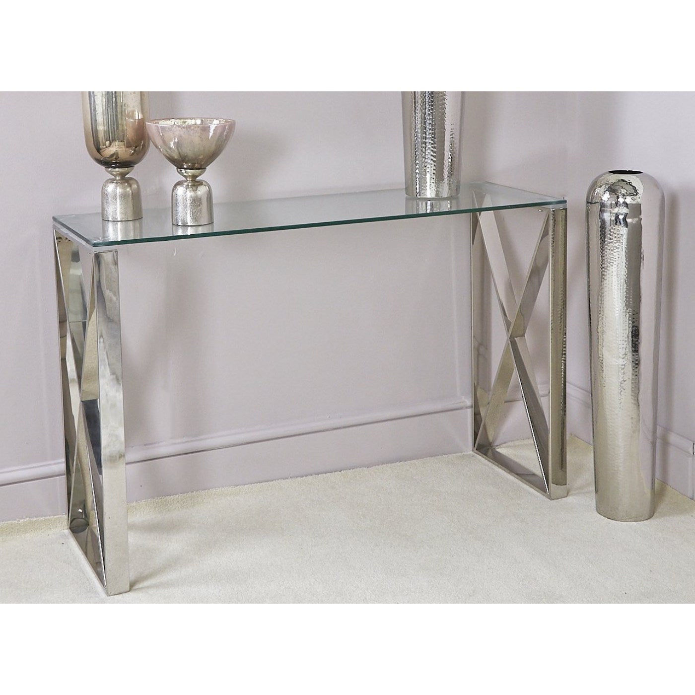 Ningbo Clear Glass Chrome Frame Hallway Console Table - UK Online Furniture