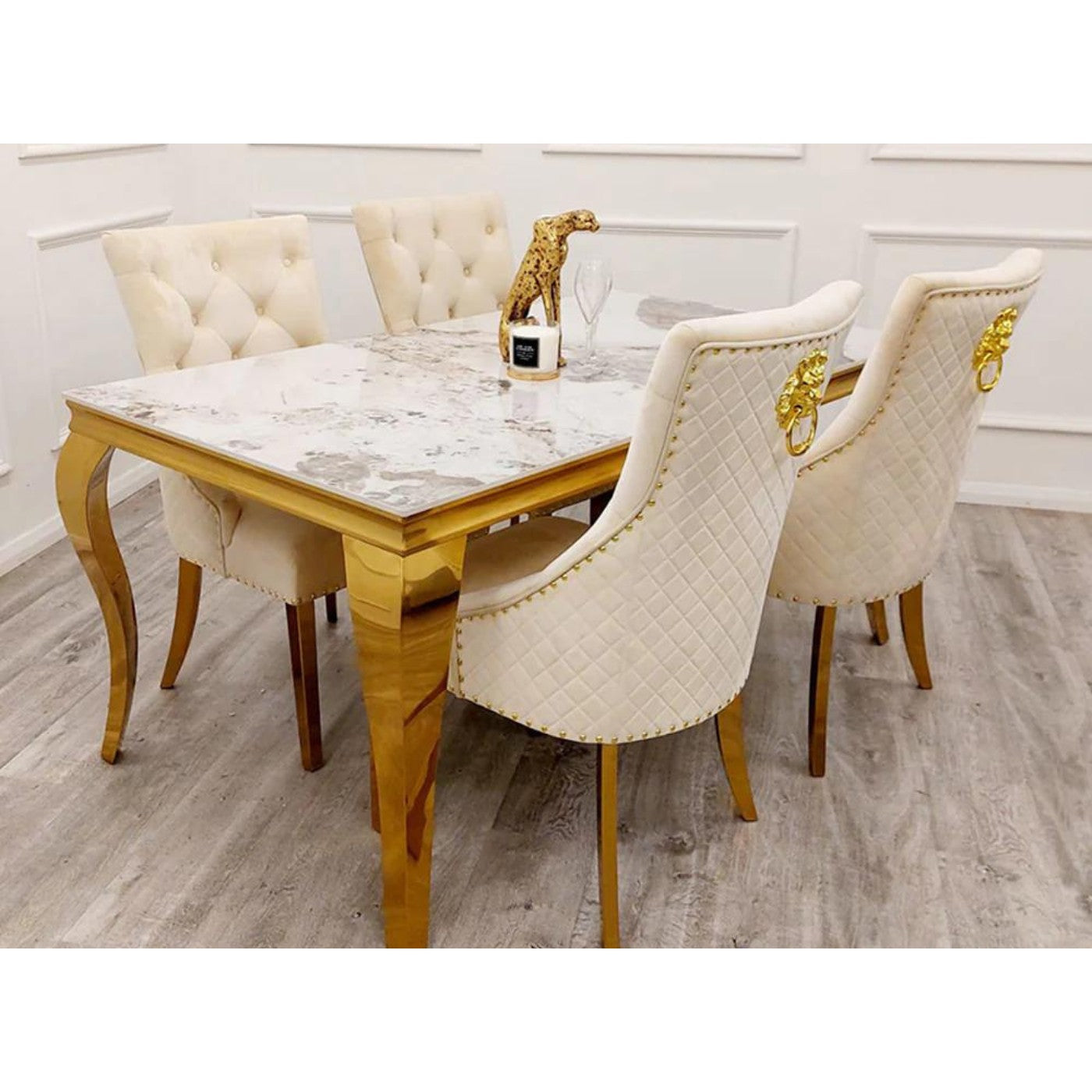Louis Gold Marble Dining Table with 4 Bentley Lion Knocker Velvet Chairs - UK Online Furniture