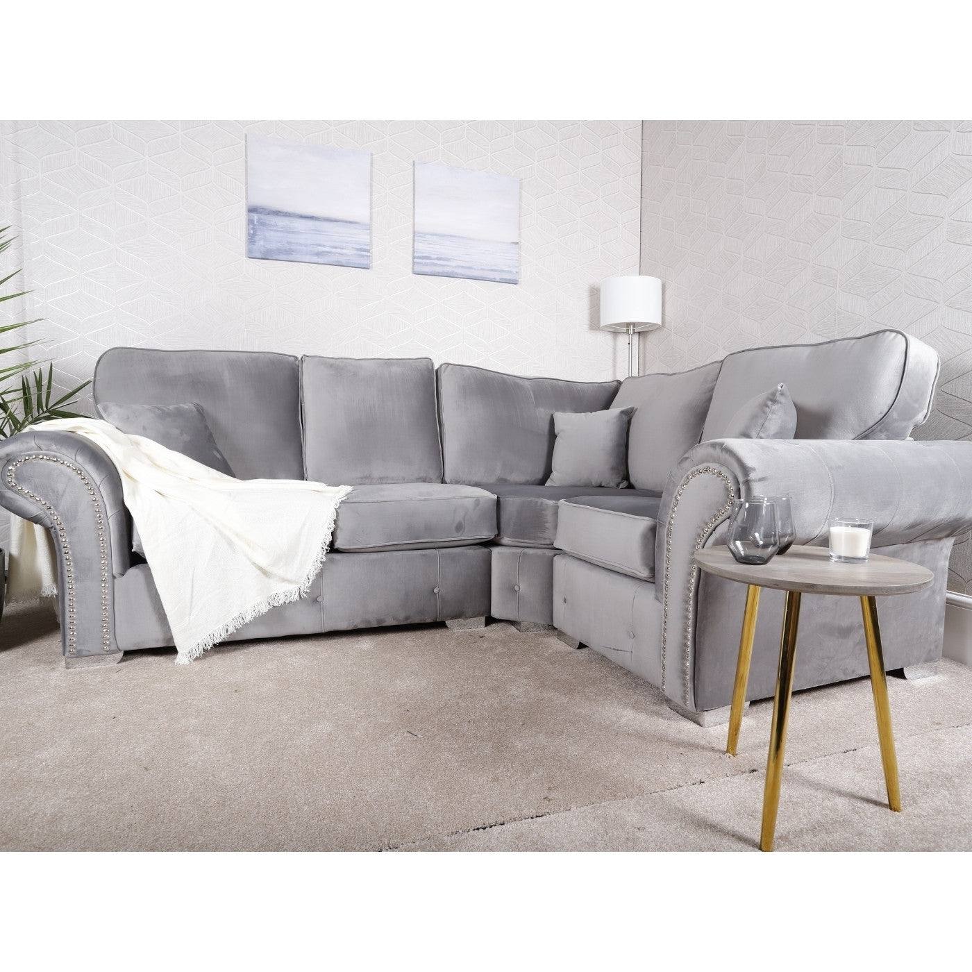 Oakland Full Back Velvet Corner Sofa in Grey Velvet - UK Online Furniture