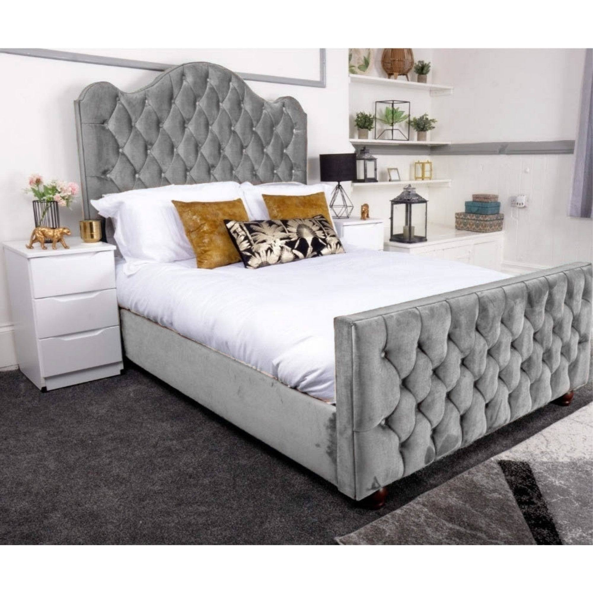 Kashmir Bed - Velvet Fabric Bed Frame - 5 Sizes -13 Colours - UK Online Furniture