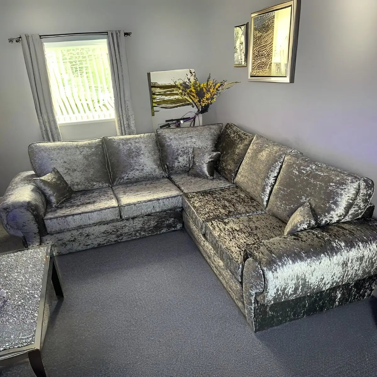 Tangent Corner Sofa in Black or Silver Crushed Velvet