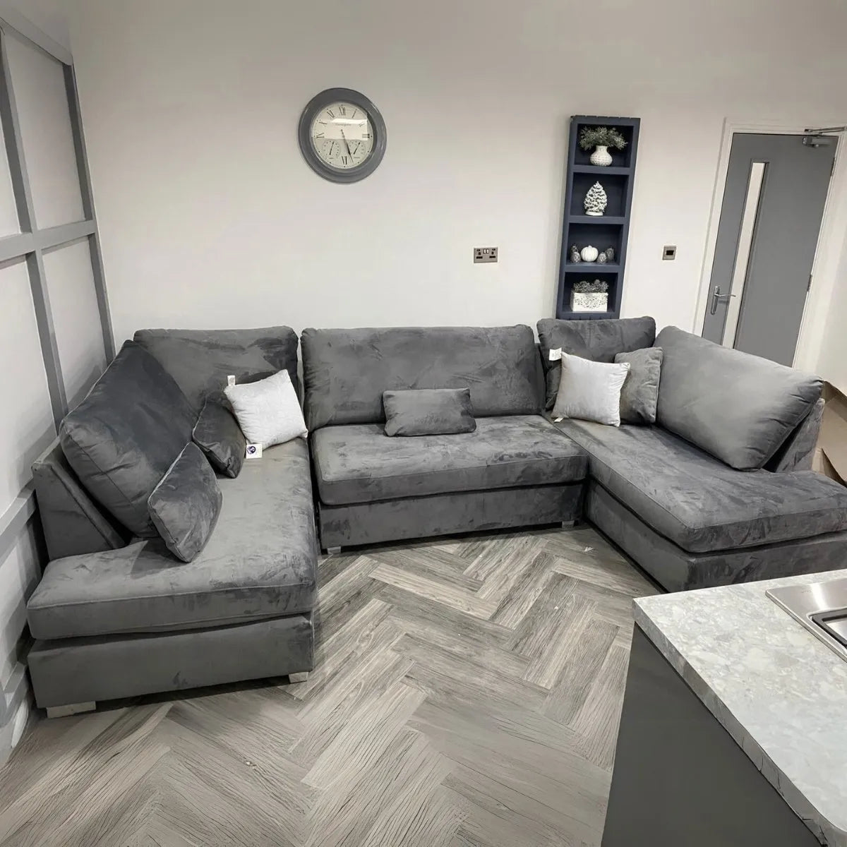 London U-Shape Sofa in Grey Velvet