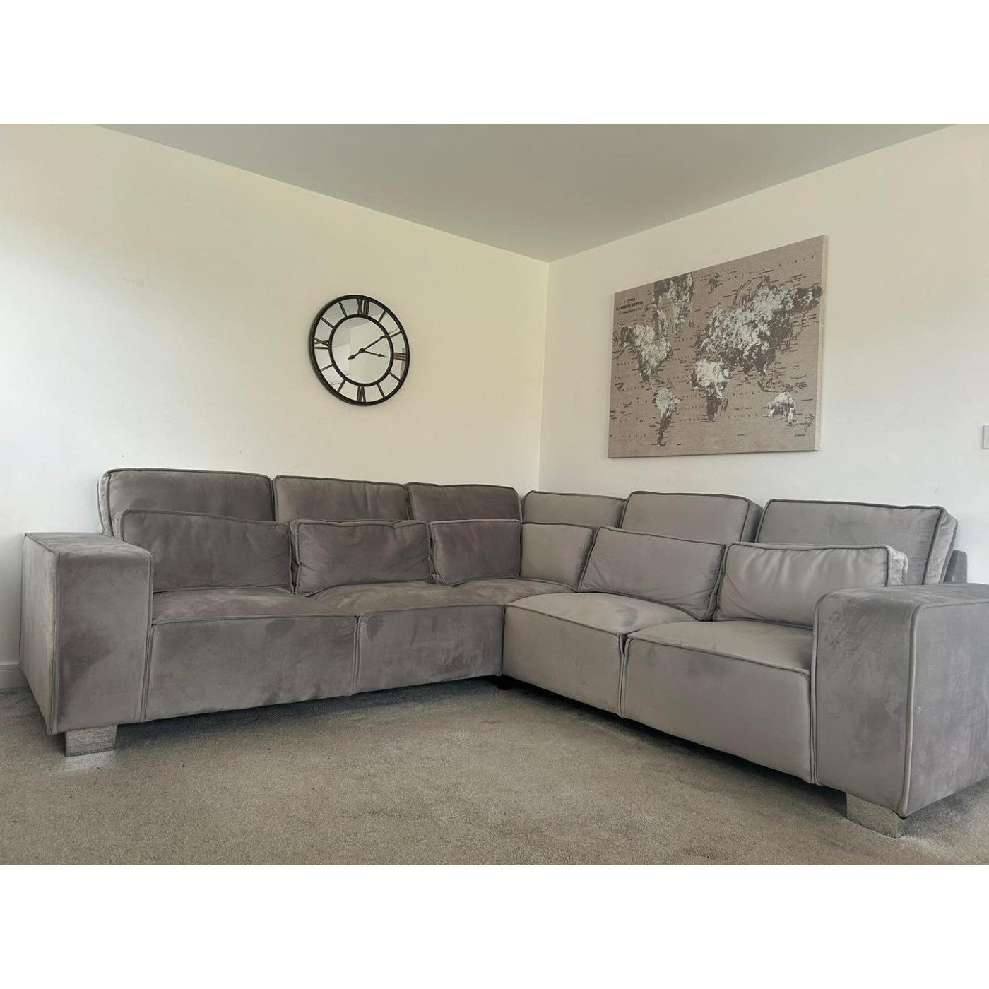 Sloane Modern 5 Seater Large Corner Sofa in Steel Grey Velvet - UK Online Furniture