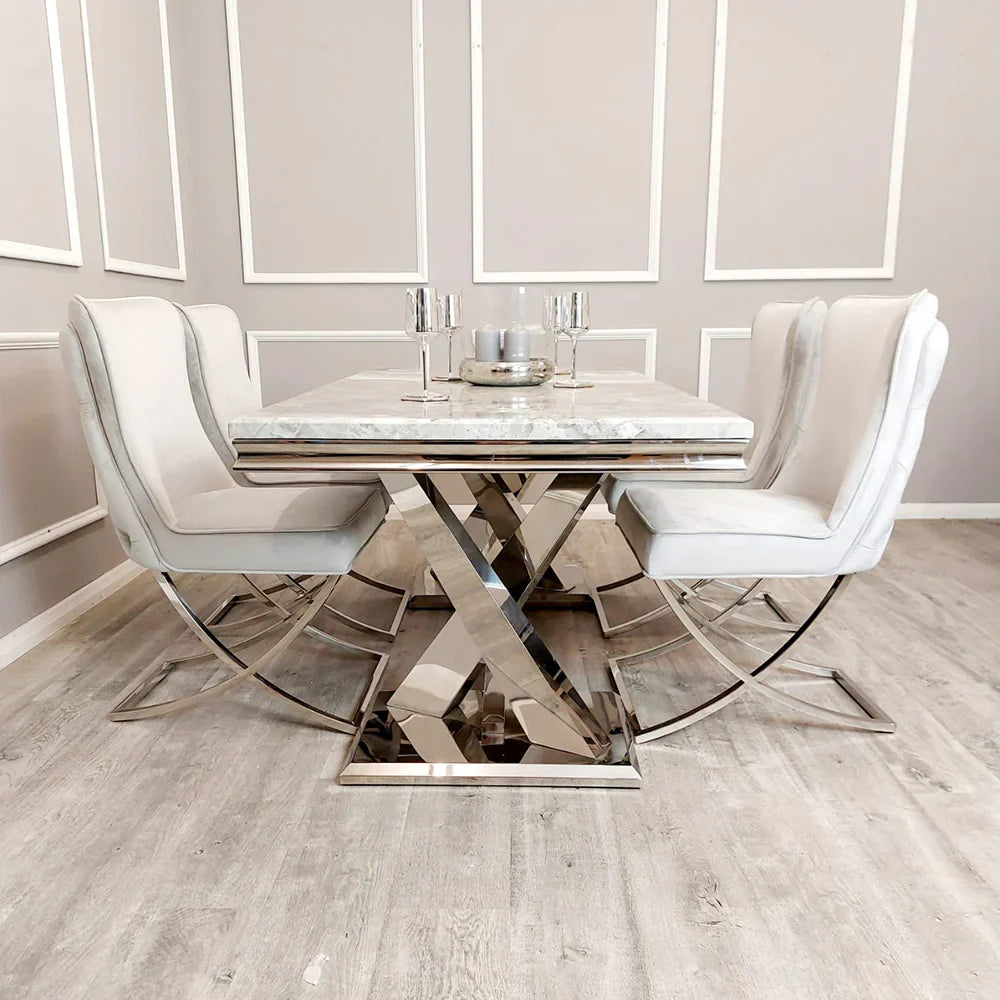 Xavia Marble Dining Table Set with 4 Velvet Chelsea Chairs - UK Online Furniture